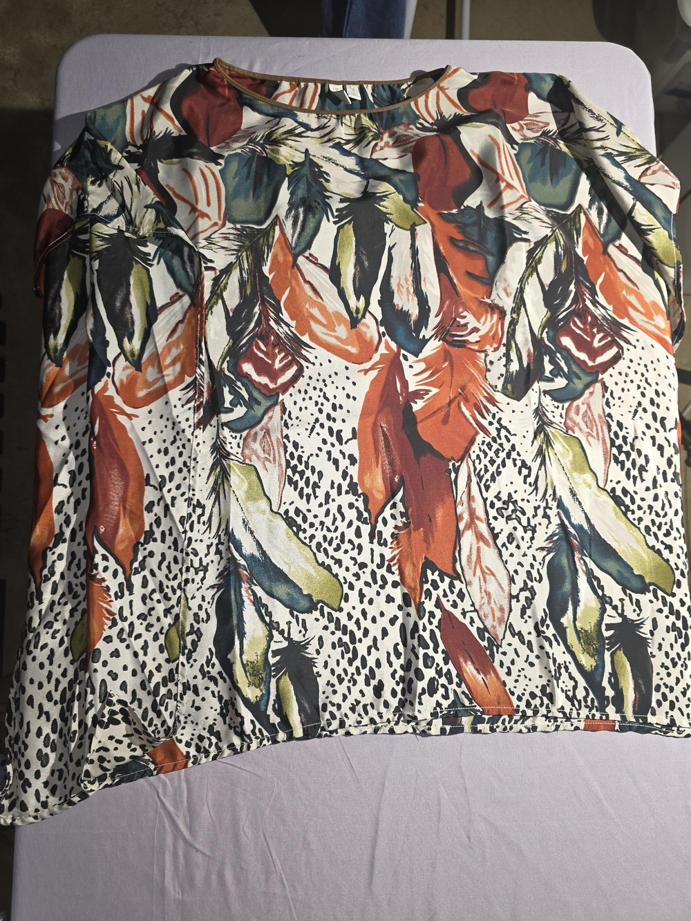 Madison Flowy Multicolor Feather Print Blouse - Cream, Red, Green, Black
